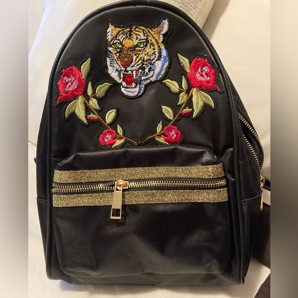 Black satin and embroidered small backpack (purse) - Picture 1 of 8